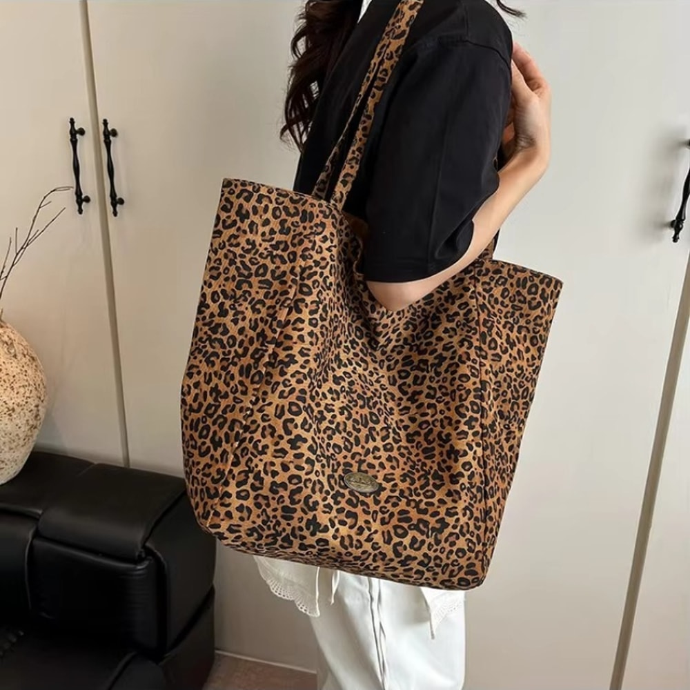 Leopard Print Canvas Tote Bag For Women Large Casual Shoulder Handbag 1