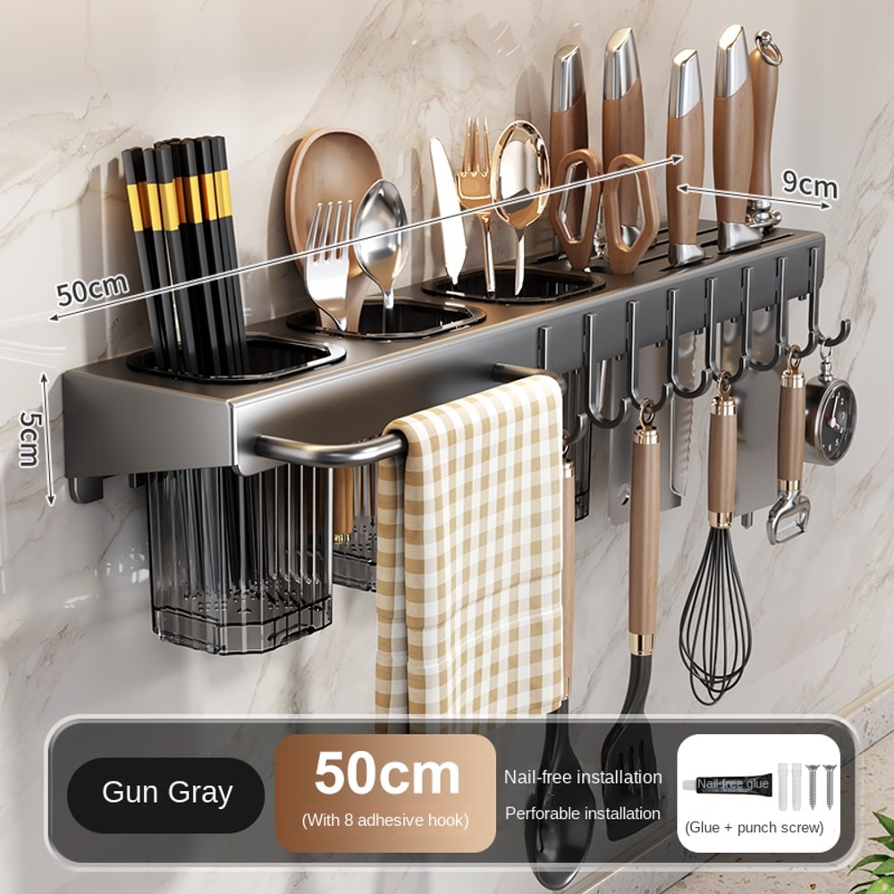 Wall Mounted Magnetic Knife Rack Organizer No Drill Kitchen Storage Holder