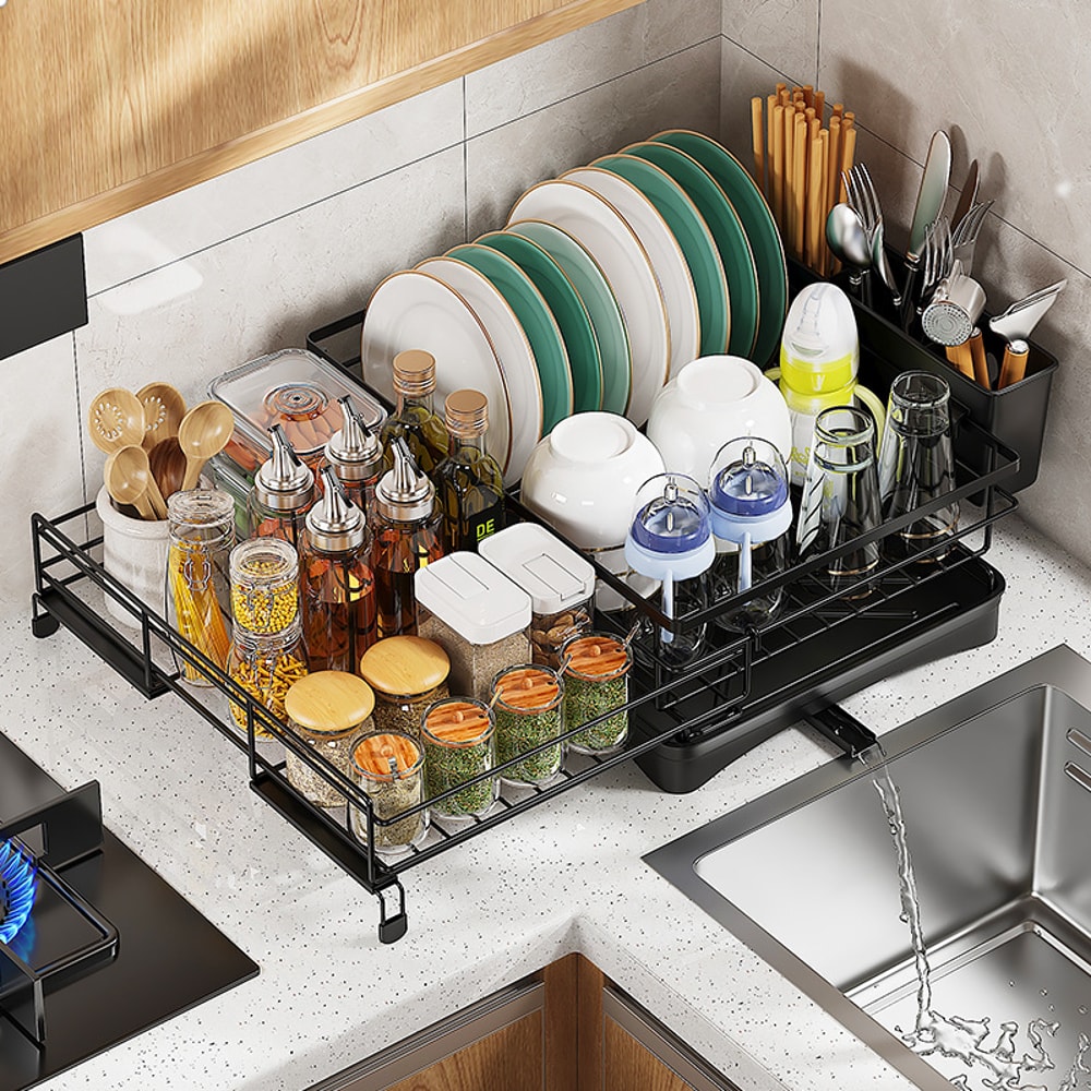 Extendable Dish Drying Rack with Drainboard & Kitchen Sink Organizer for Countertop Storage