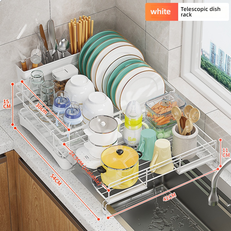 Extendable Dish Drying Rack with Drainboard & Kitchen Sink Organizer for Countertop Storage