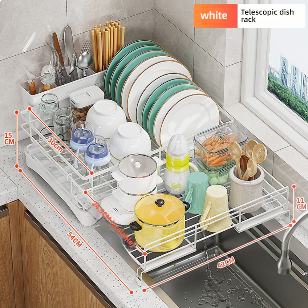 Extendable Dish Drying Rack with Drainboard & Kitchen Sink Organizer for Countertop Storage