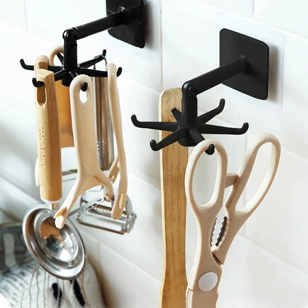 Rotating Wall Hook Rack No Drill Kitchen Storage Organizer