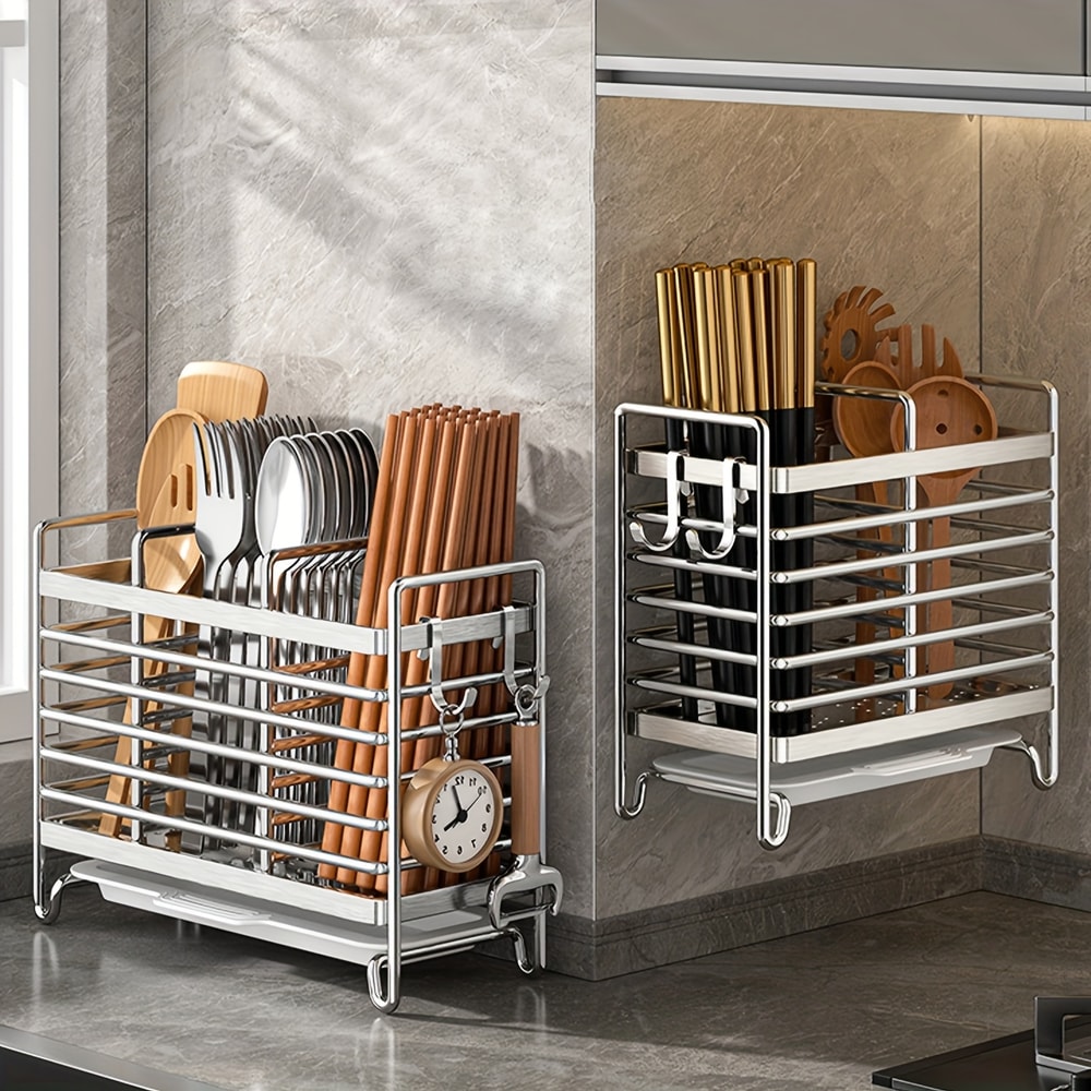 Wall Mounted Utensil Holder No Drill Stainless Steel Space Saving Kitchen Rack 1