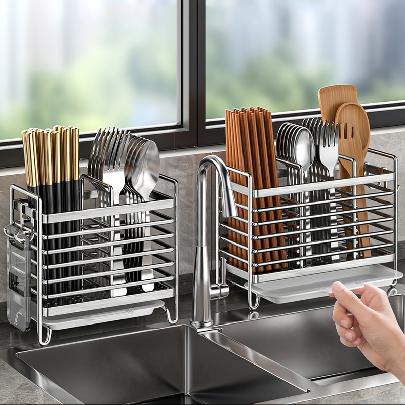 Wall Mounted Utensil Holder No Drill Stainless Steel Space Saving Kitchen Rack 2