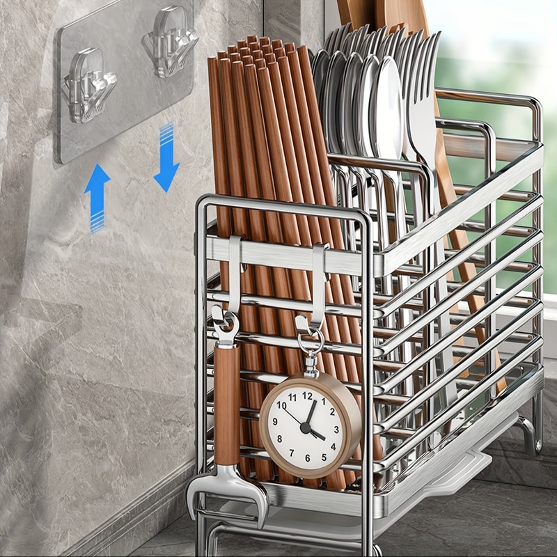 Wall Mounted Utensil Holder No Drill Stainless Steel Space Saving Kitchen Rack 3