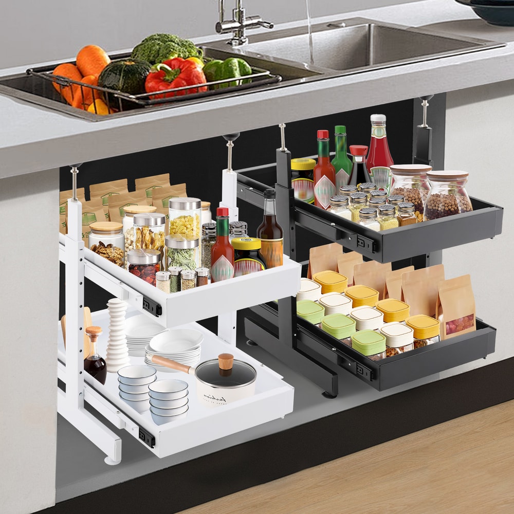 Expandable Pull Out Cabinet Organizer With Adjustable Slide Out Drawers For Kitchen Storage 1