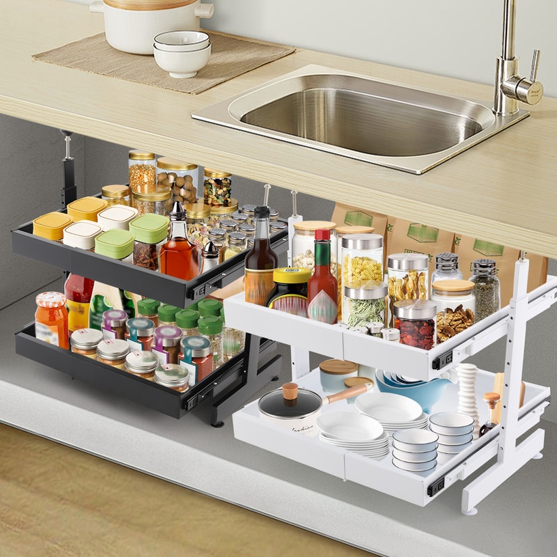 Expandable Pull Out Cabinet Organizer With Adjustable Slide Out Drawers For Kitchen Storage 2
