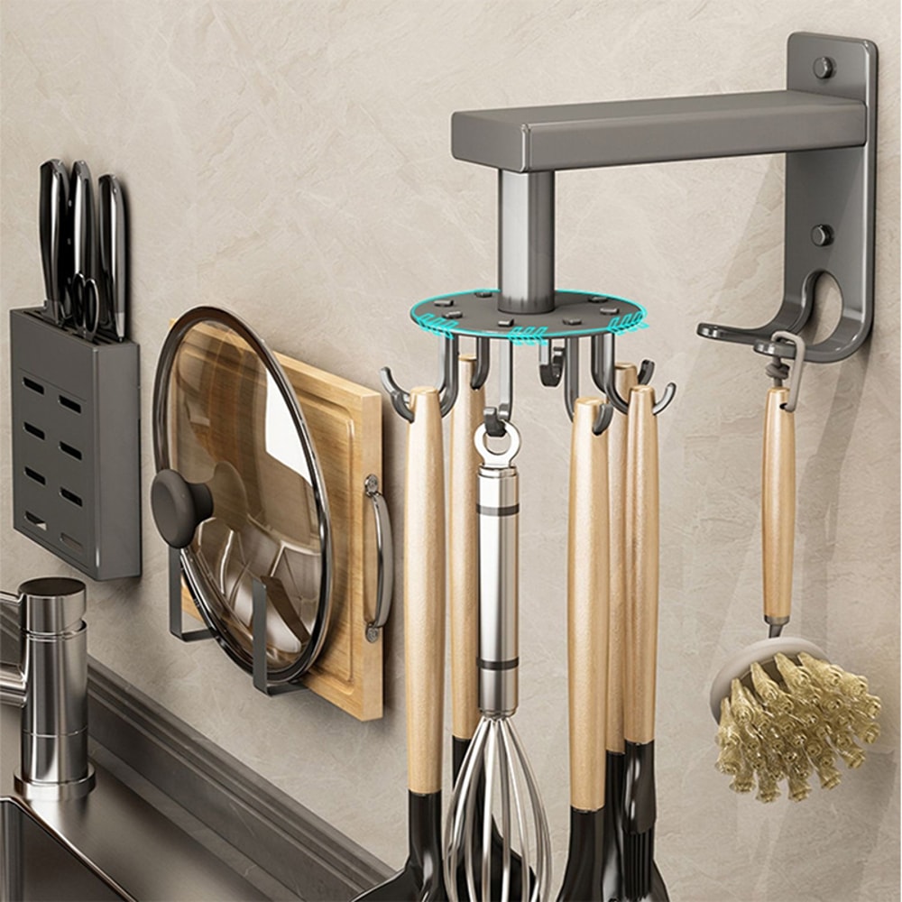 Rotating Kitchen Utensil Hook Rack Wall Mounted Organizer For Spoons Spatulas And Tools 0