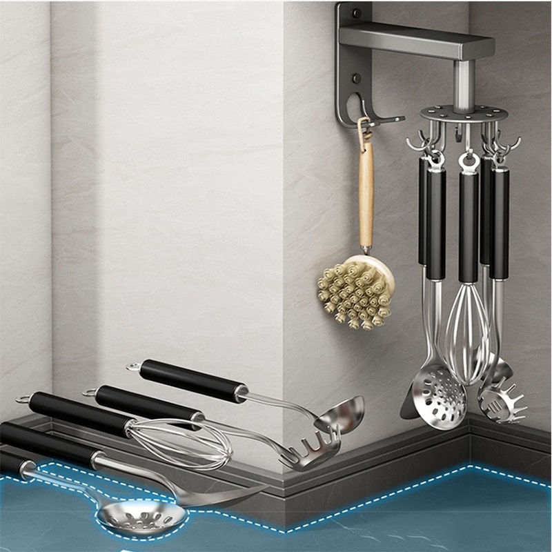 Rotating Kitchen Utensil Hook Rack Wall Mounted Organizer For Spoons Spatulas And Tools 4