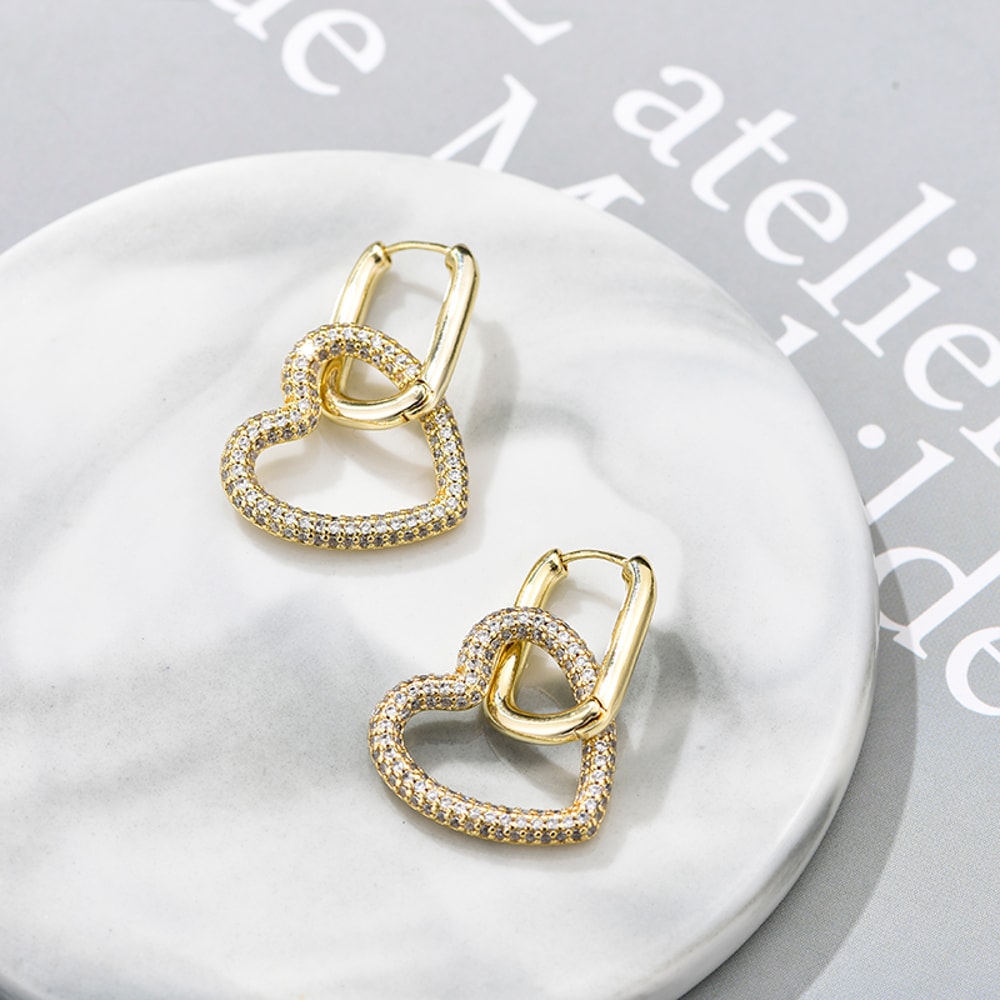 Elegant Heart Charm Hoop Earrings with Zircon Crystals