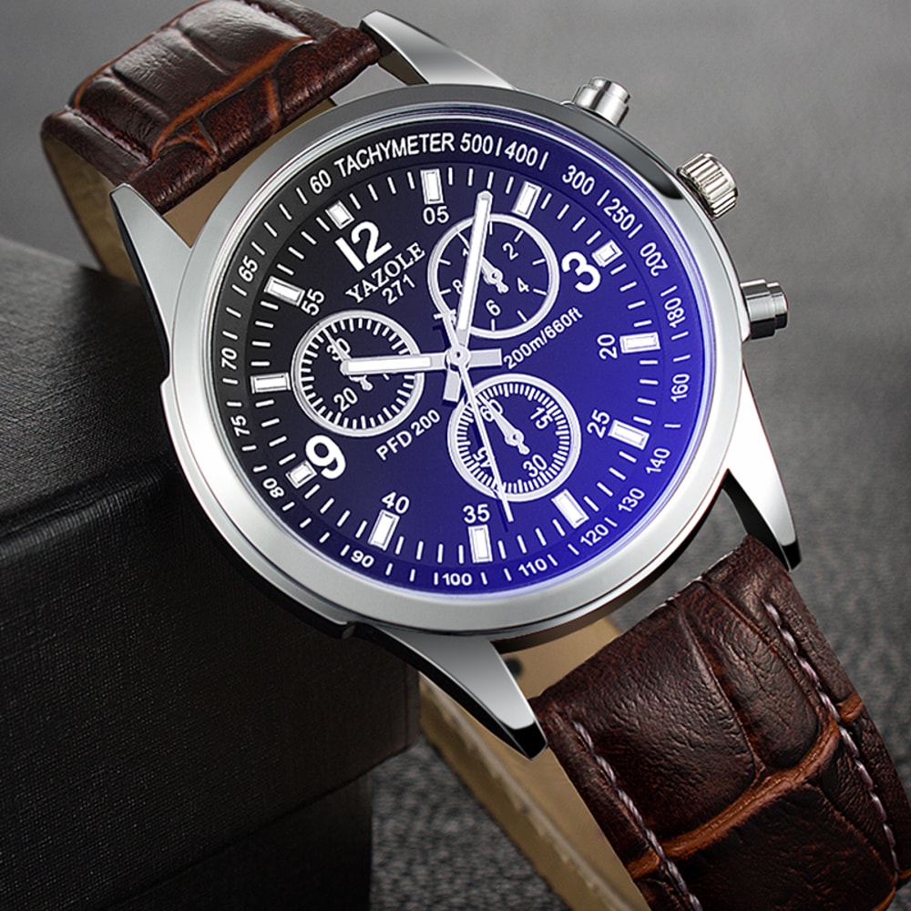 Men's Quartz Watch Blue Dial Waterproof Business Casual Leather Strap Watch