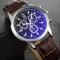 men's quartz watch blue dial waterproof business casual leather strap watch