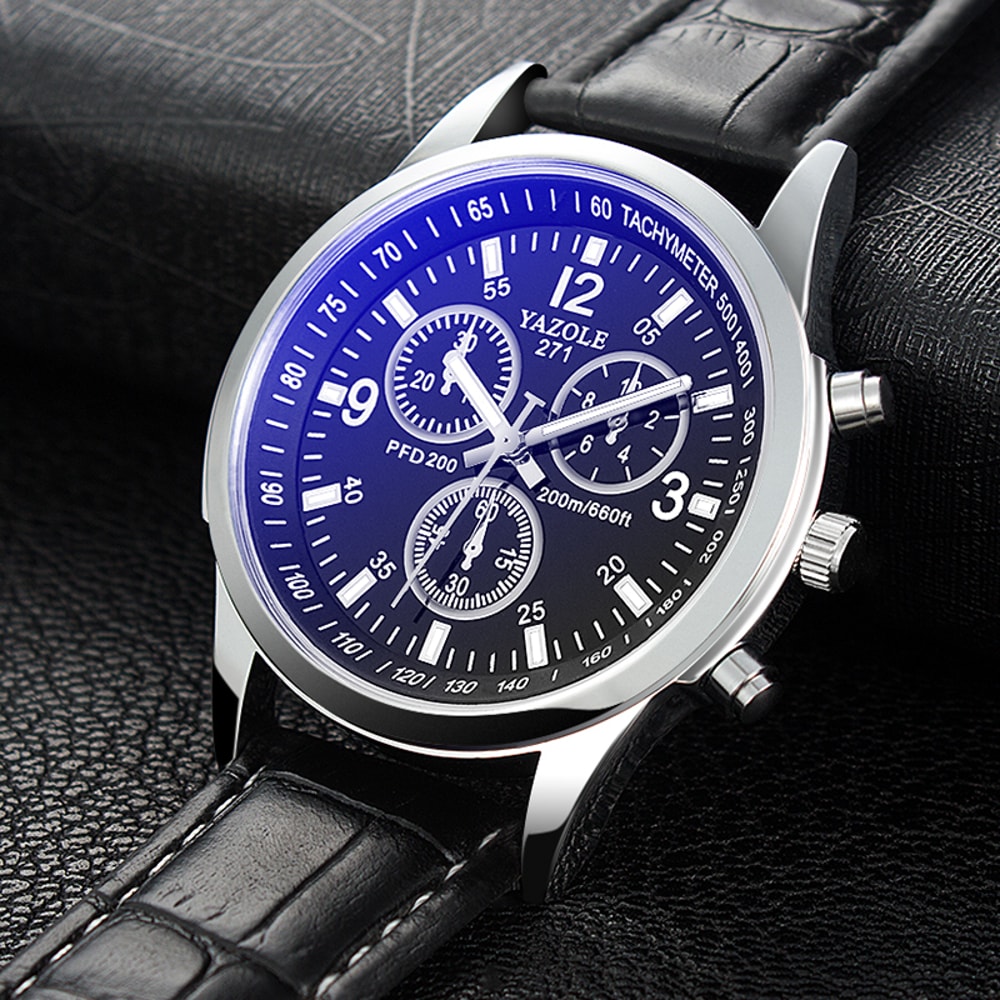 Men's Quartz Watch Blue Dial Waterproof Business Casual Leather Strap Watch