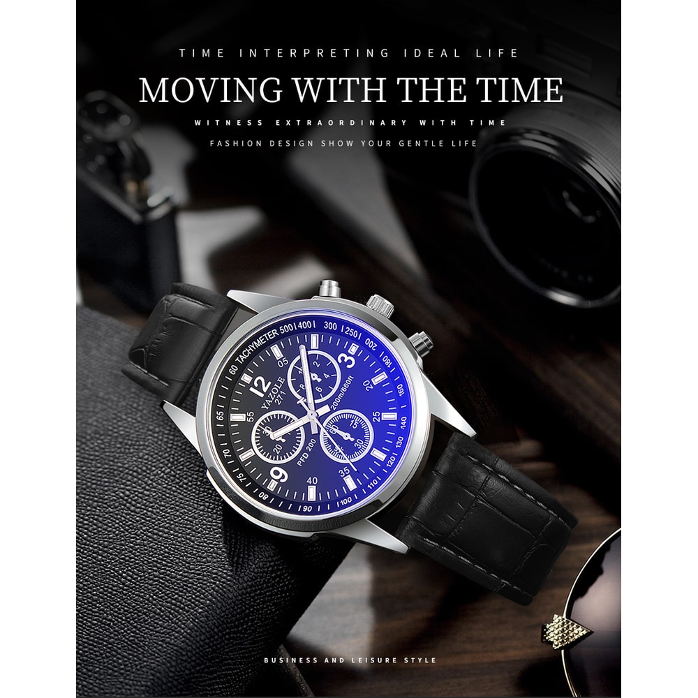 Men's Quartz Watch Blue Dial Waterproof Business Casual Leather Strap Watch