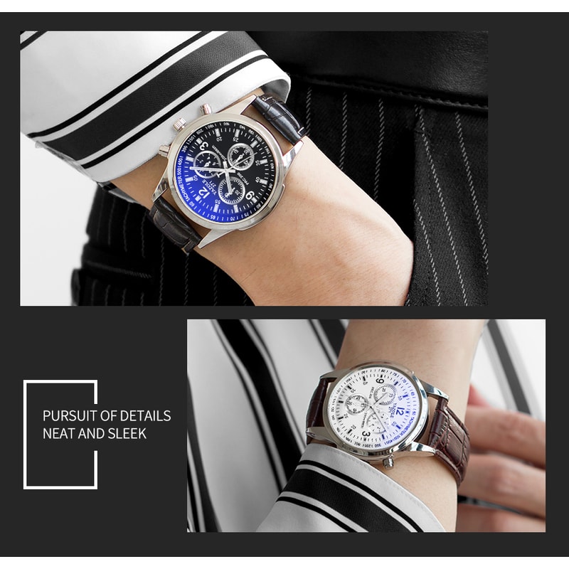 Men's Quartz Watch Blue Dial Waterproof Business Casual Leather Strap Watch