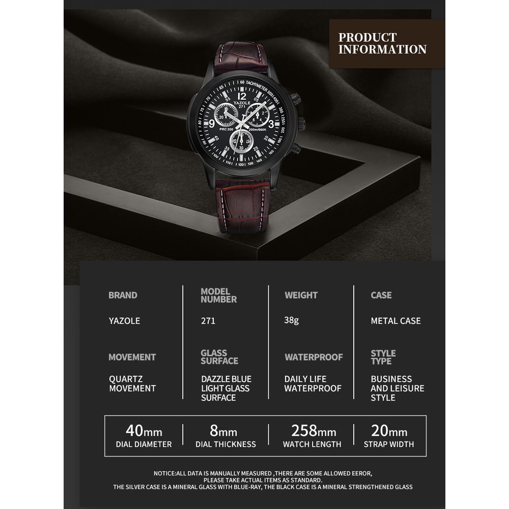 Men's Quartz Watch Blue Dial Waterproof Business Casual Leather Strap Watch