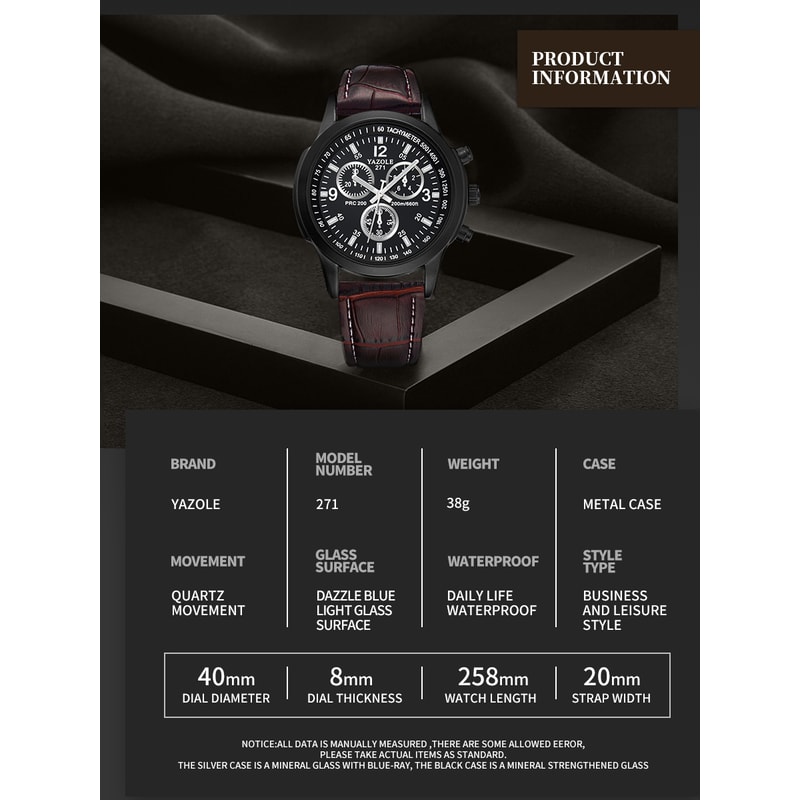 Men's Quartz Watch Blue Dial Waterproof Business Casual Leather Strap Watch