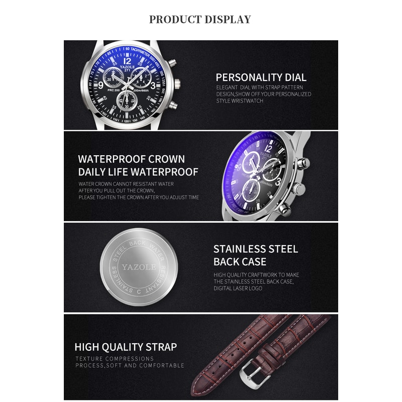 Men's Quartz Watch Blue Dial Waterproof Business Casual Leather Strap Watch