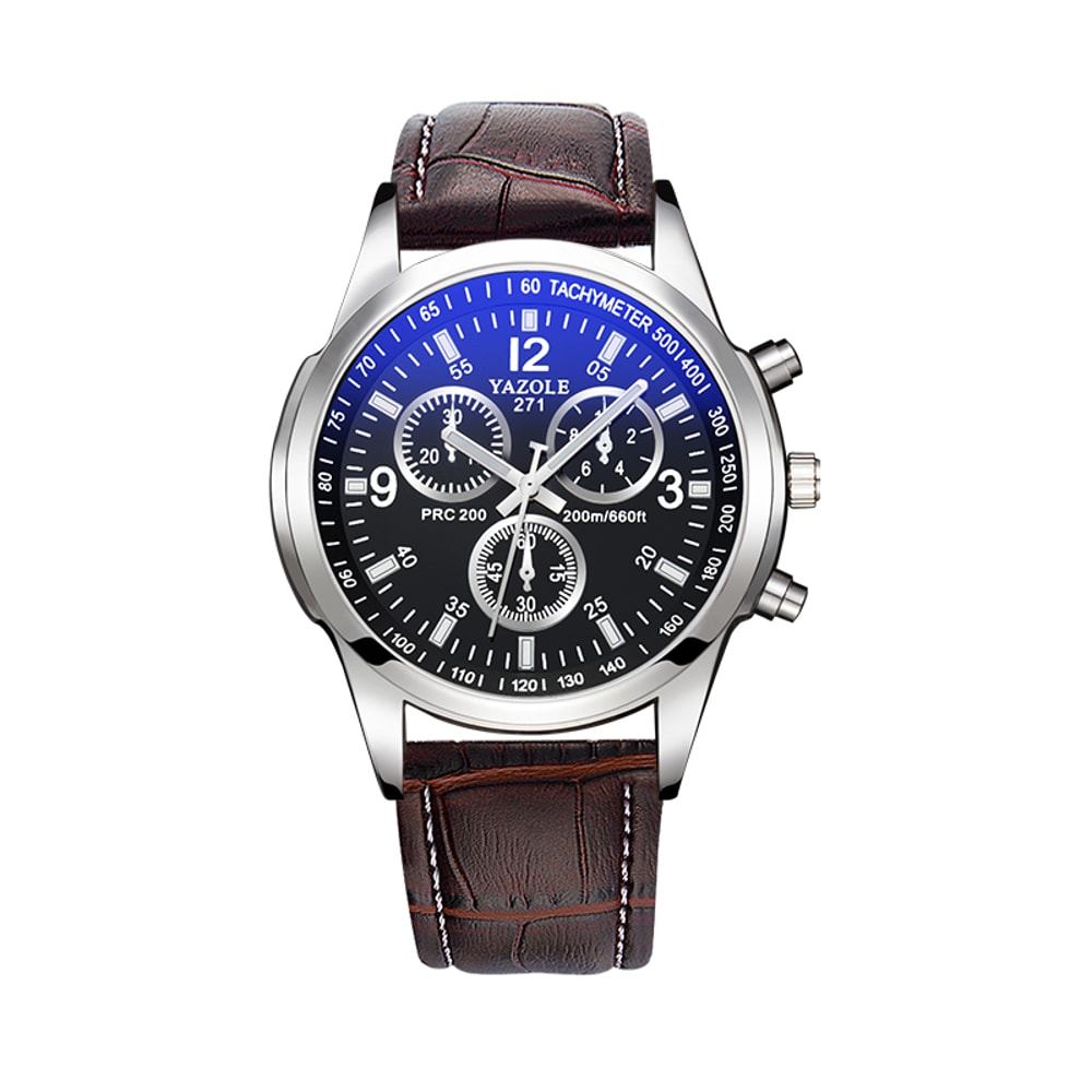 Men's Quartz Watch Blue Dial Waterproof Business Casual Leather Strap Watch