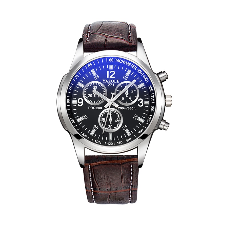 Men's Quartz Watch Blue Dial Waterproof Business Casual Leather Strap Watch