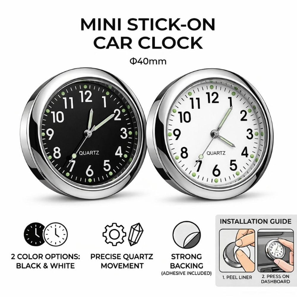 Mini Luminous Car Dashboard Clock Stick On Quartz Auto Timer