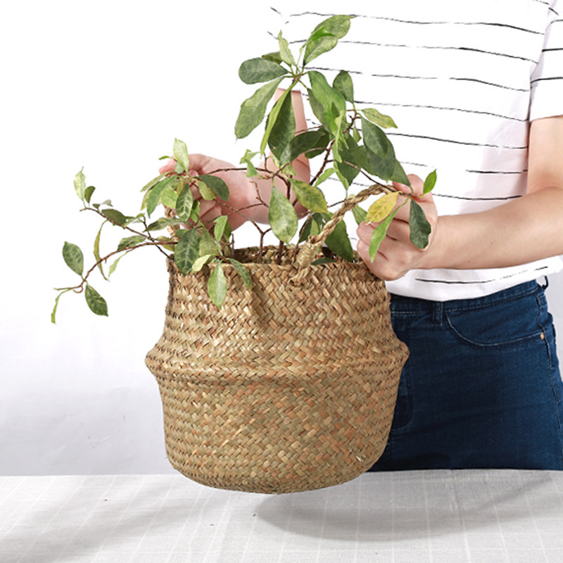 Handwoven Seagrass Storage Basket Hanging Planter with Foldable Laundry Design