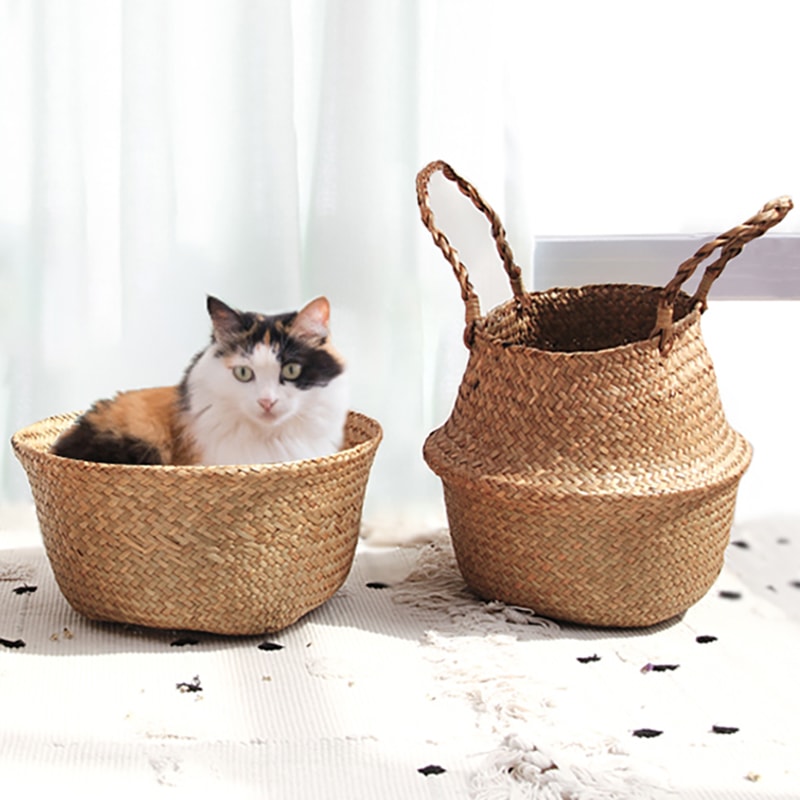 Handwoven Seagrass Storage Basket Hanging Planter with Foldable Laundry Design