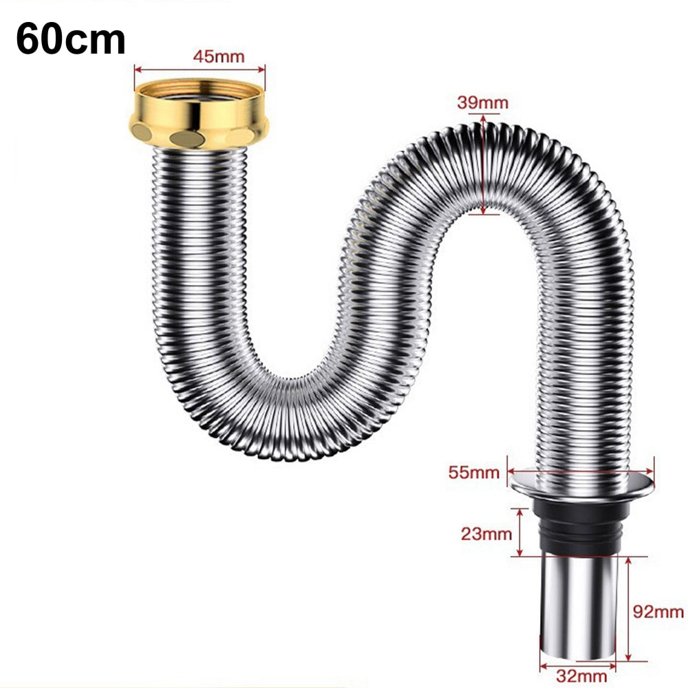 Flexible Stainless Steel Sink Drain Hose Adjustable Kitchen Bathroom Siphon Pipe