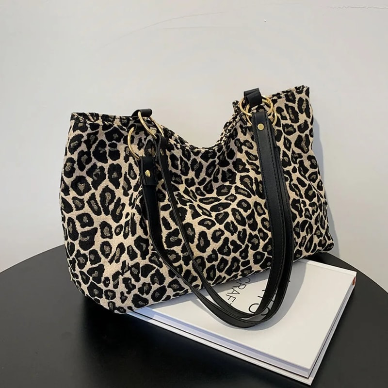 Leopard Print Canvas Tote Bag Large Capacity Shoulder Handbag For Travel And Shopping 1