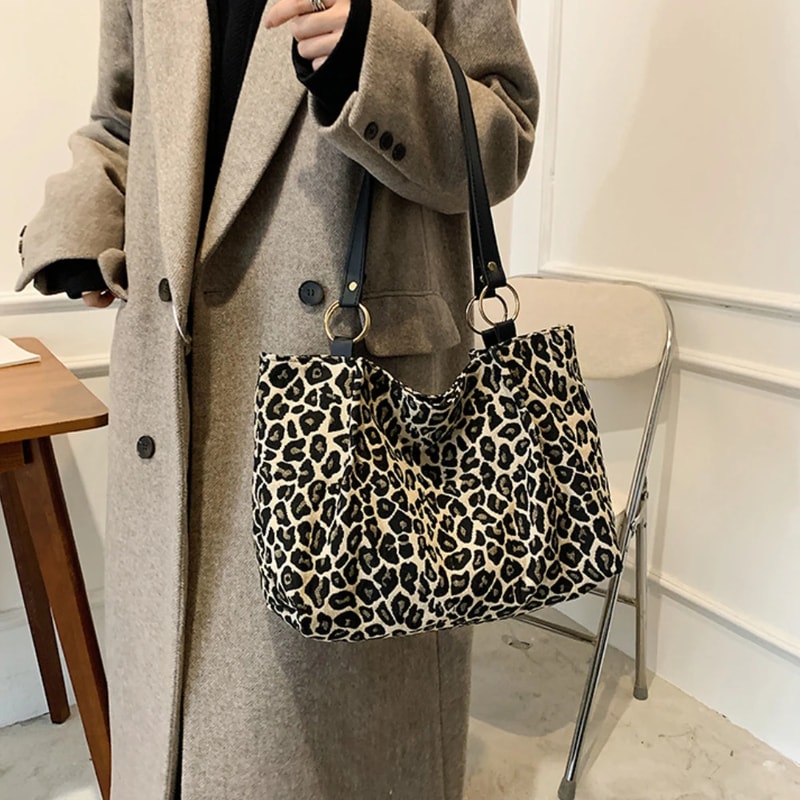 Leopard Print Canvas Tote Bag Large Capacity Shoulder Handbag For Travel And Shopping 4