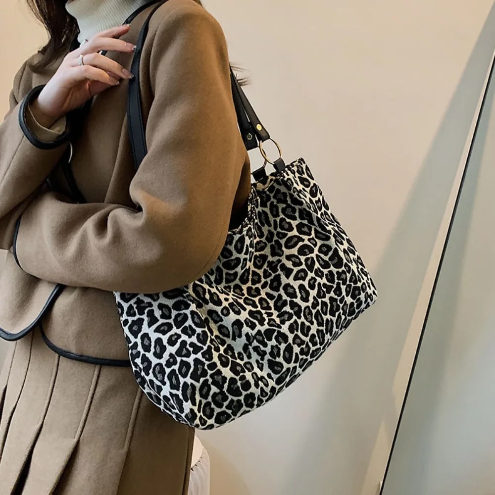 Leopard Print Canvas Tote Bag Large Capacity Shoulder Handbag For Travel And Shopping 5