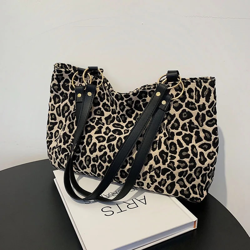 Leopard Print Canvas Tote Bag Large Capacity Shoulder Handbag For Travel And Shopping 6