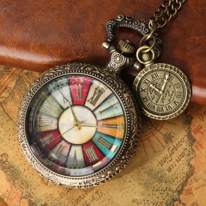 Vintage Roman Numeral Pocket Watch Necklace with Colorful Glass Dial Quartz Timepiece