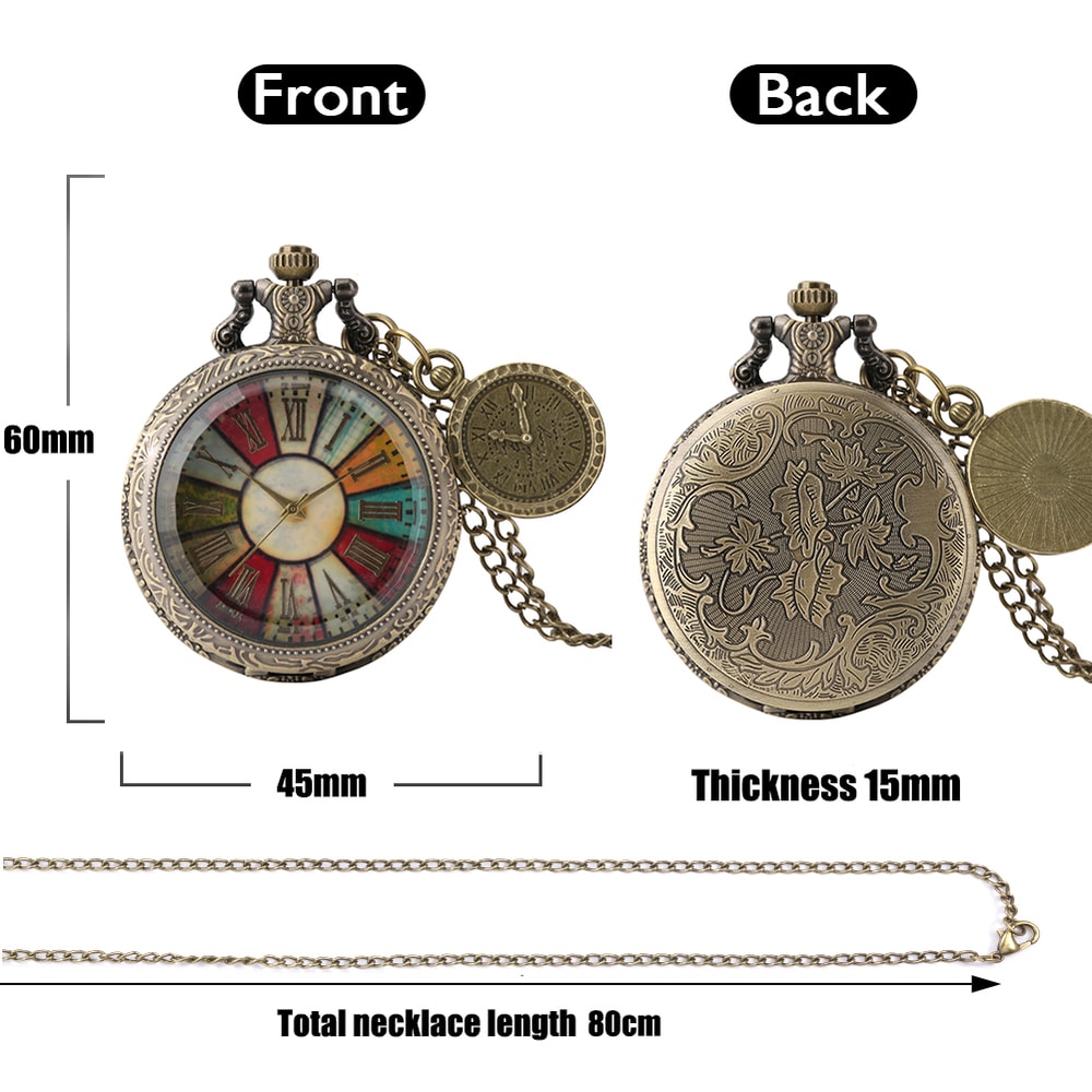 Vintage Roman Numeral Pocket Watch Necklace with Colorful Glass Dial Quartz Timepiece