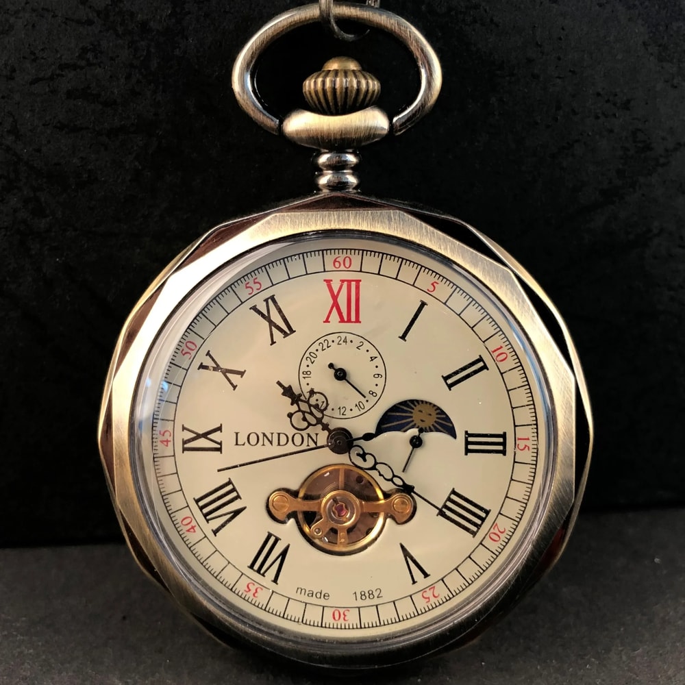 Vintage Moonphase Mechanical Pocket Watch With Chain Hand Wind Classic Timepiece 2