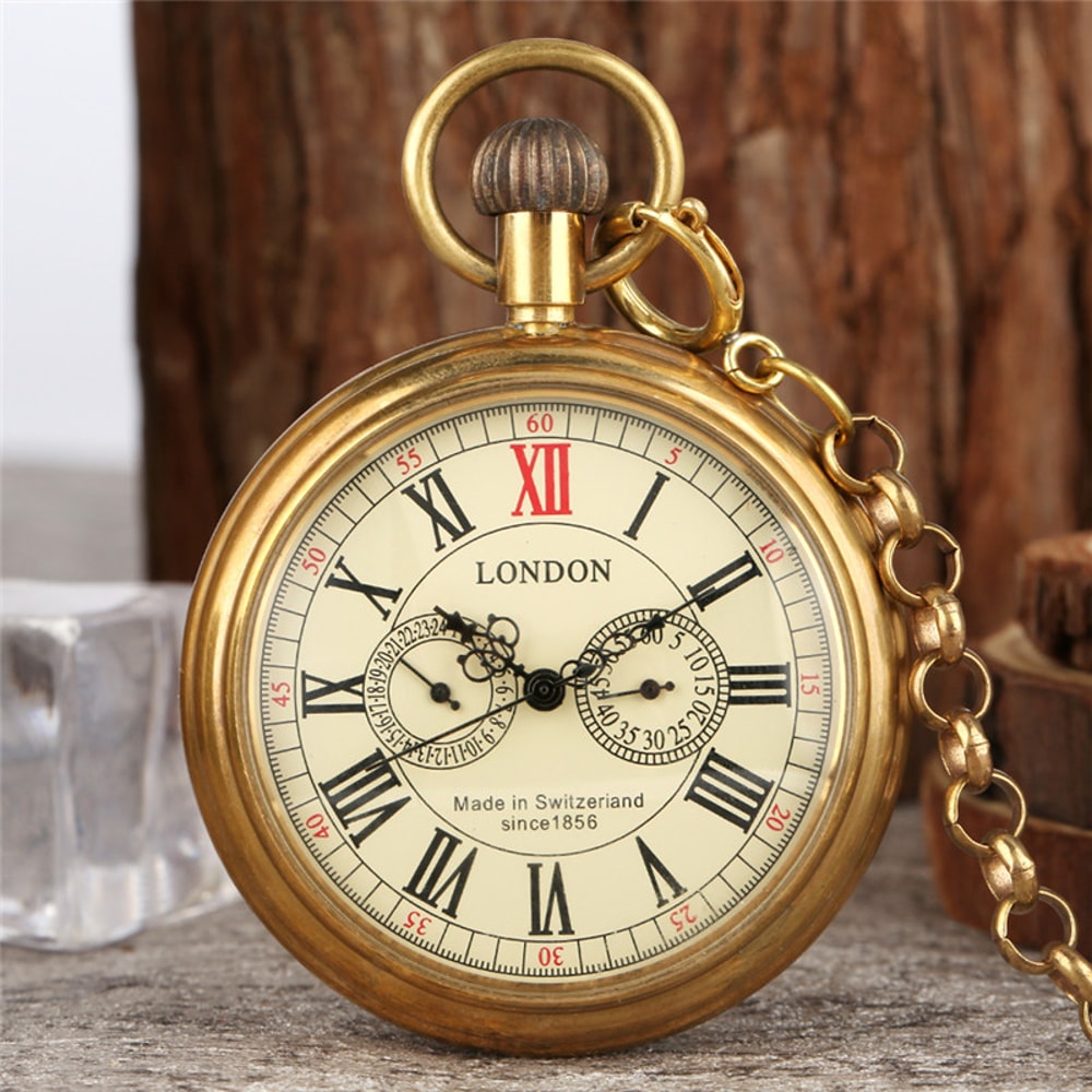 Vintage Skeleton Pocket Watch with Roman Numerals Mechanical Hand Wind Pendant Chain