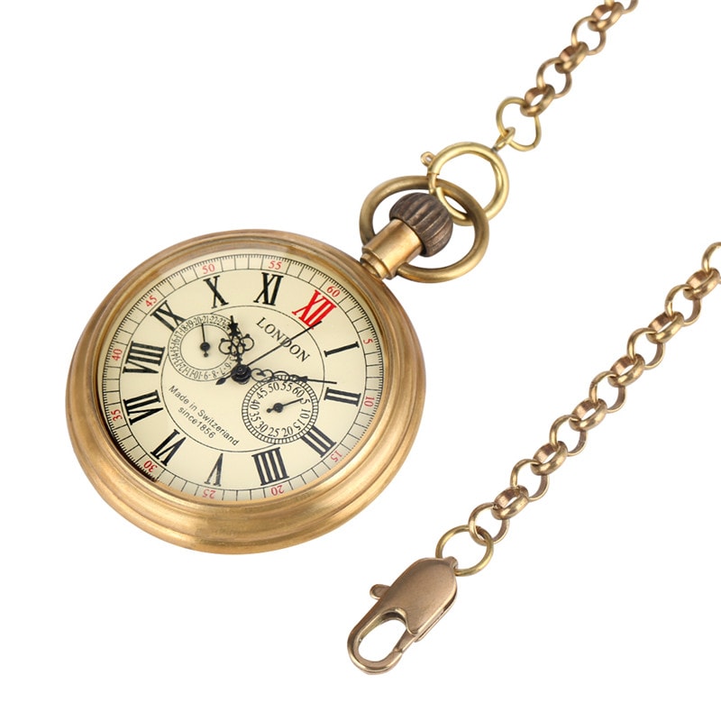 Vintage Skeleton Pocket Watch with Roman Numerals Mechanical Hand Wind Pendant Chain