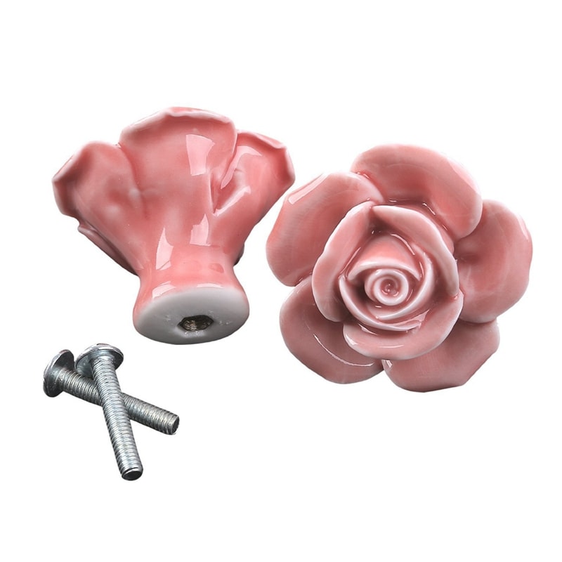 Vintage Floral Rose Ceramic Cabinet Knobs Set Pink Drawer Pulls for Kitchen & Furniture