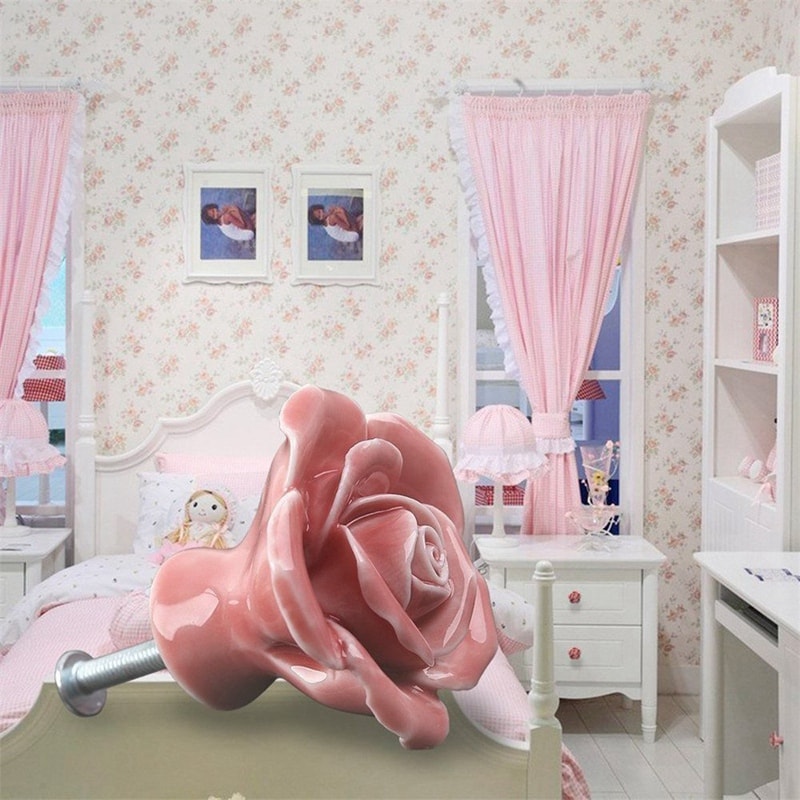 Vintage Floral Rose Ceramic Cabinet Knobs Set Pink Drawer Pulls for Kitchen & Furniture