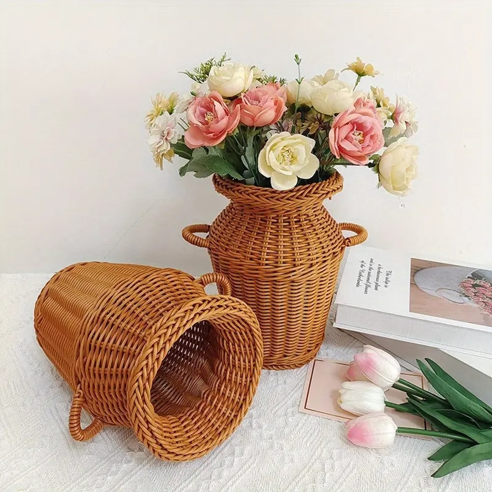 Handwoven Rattan Flower Basket for Vintage Decor & Rustic Flower Arrangements