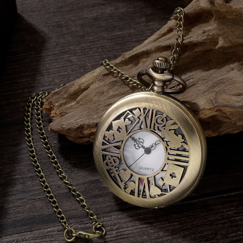 Vintage Alice Bronze pocket watch necklace Quartz Retro Pendant Timepiece Gift
