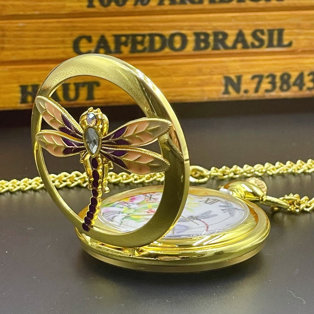 Vintage Dragonfly Pocket Watch Necklace Elegant Quartz Pendant for Women