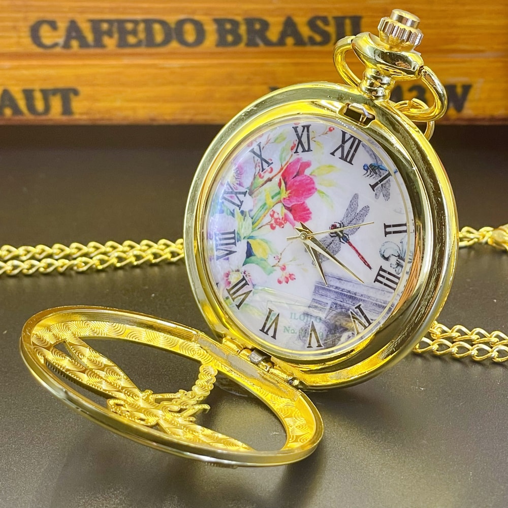 Vintage Dragonfly Pocket Watch Necklace Elegant Quartz Pendant for Women