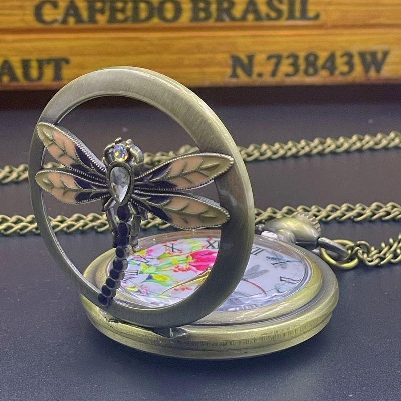 Vintage Dragonfly Pocket Watch Necklace Elegant Quartz Pendant for Women