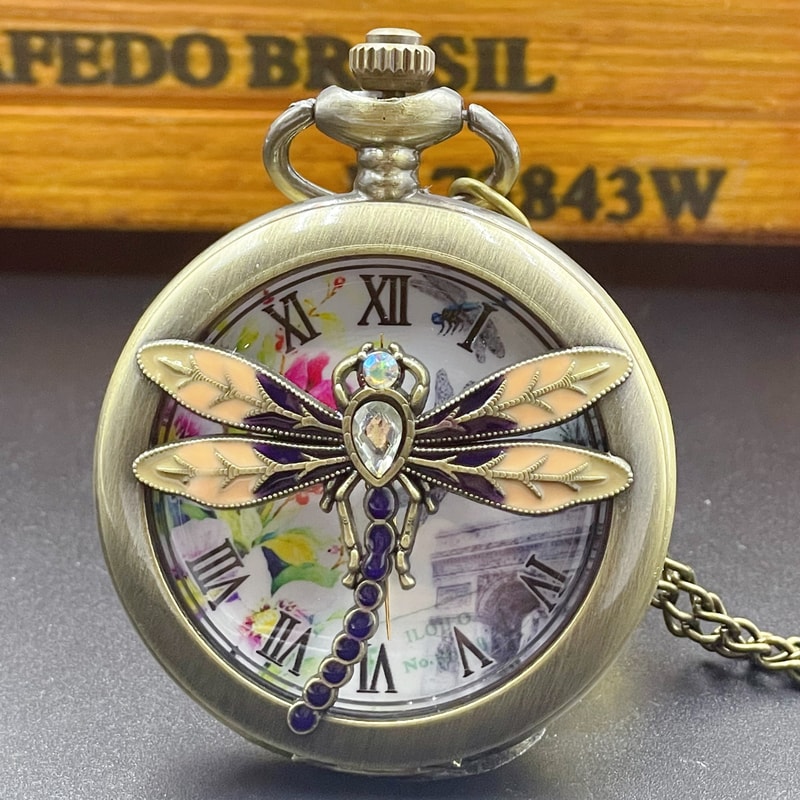 Vintage Dragonfly Pocket Watch Necklace Elegant Quartz Pendant for Women