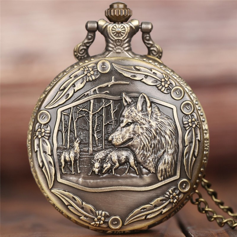 Vintage Wolf Head Pocket Watch Necklace Quartz Antique Pendant Timepiece Gift For Men 1