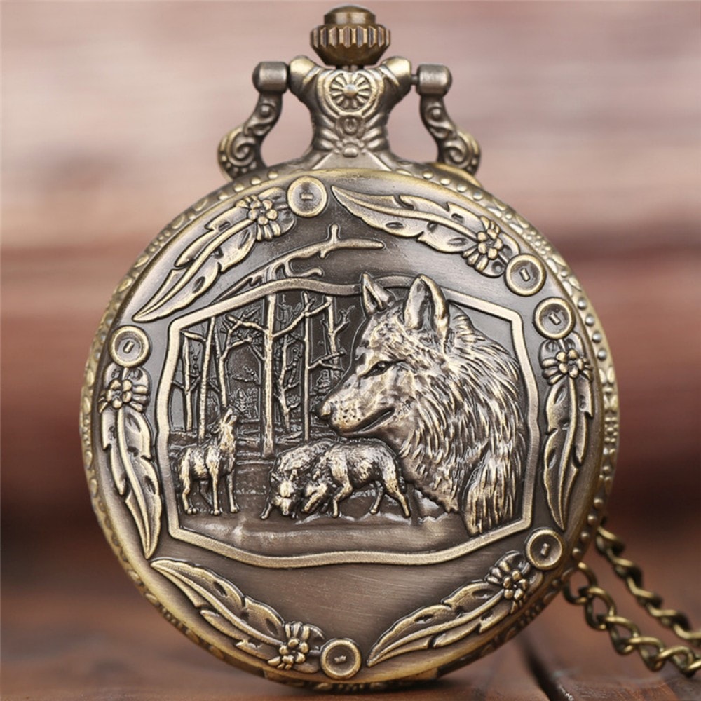 Vintage Wolf Head Pocket Watch Necklace Quartz Antique Pendant Timepiece Gift For Men 6