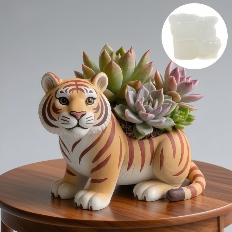 Cute Tiger Silicone Mold For Concrete Planter Candle Cup And Storage Box DIY 0