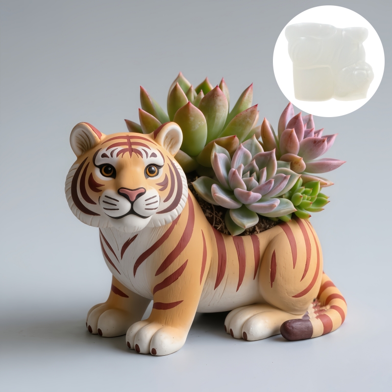 Cute Tiger Silicone Mold For Concrete Planter Candle Cup And Storage Box DIY 1