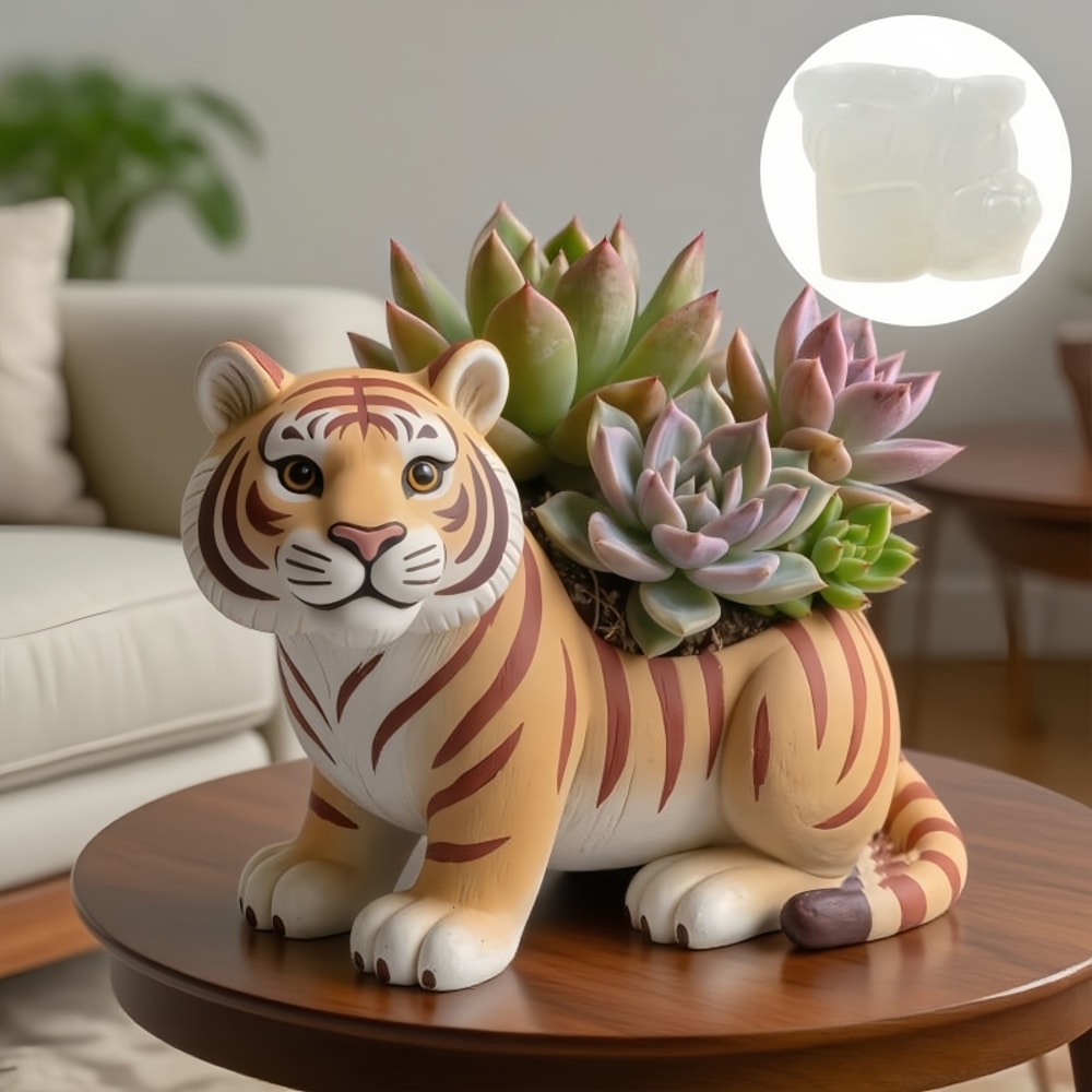 Cute Tiger Silicone Mold For Concrete Planter Candle Cup And Storage Box DIY 2